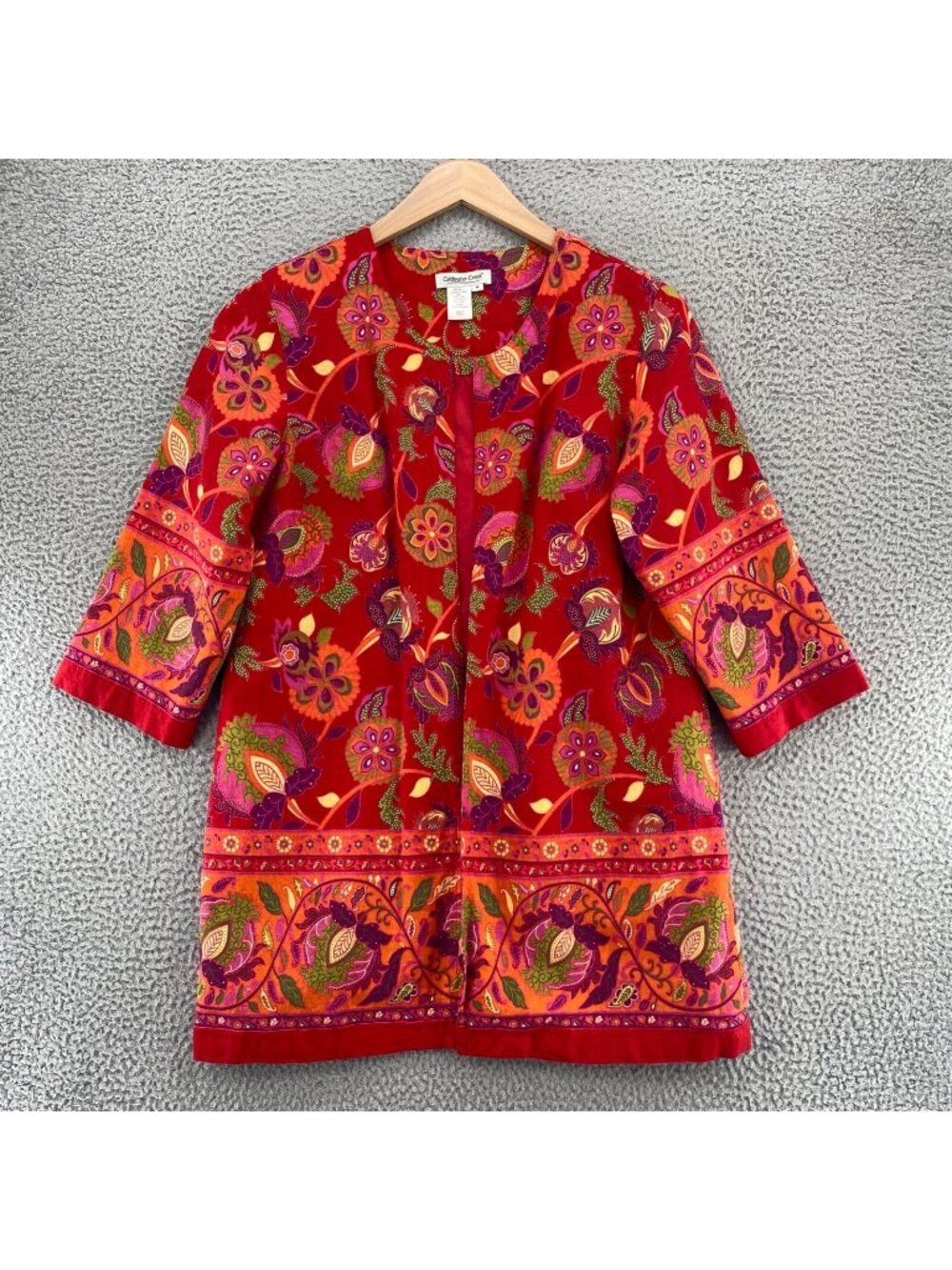 Coldwater Creek Jacket Womens Medium Red Orange Floral Linen Blend 3/4 Sleeves